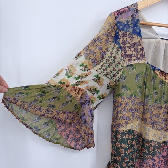 Anthropologie Floreat Patchwork Peasant Top, Sz Small, Bell Sleeves Beaded Trim - Picture 7 of 11